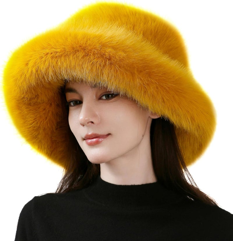 Dikoaina Luxury Faux Fur Bucket Hat for Women Girl – Oversized Brim, Super Soft & Fluffy Winter Hat, Cozy Fur-Like Beanie - Image 1